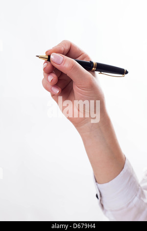 Isolierten weiblichen Hand ist bereit für das schreiben. Stockfoto