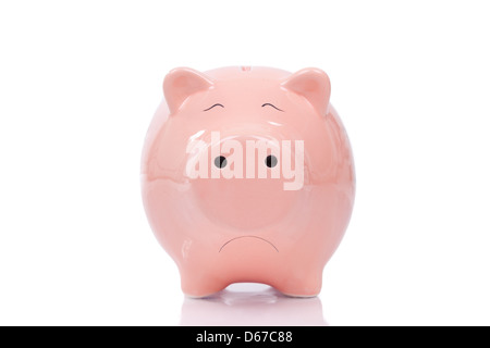 Traurig Sparschwein isoliert auf weißem Hintergrund Stockfoto