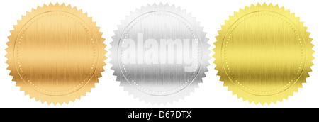Gold-, Silber- und Bronzemedaillen Dichtungen oder Medaillen Satz isoliert mit Beschneidungspfad enthalten Stockfoto