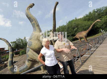 Minister für Wissenschaft des unteren Sachsen Johanna Wanka (CDU, L) hat Chef Präparator Nils Knoetschke erklären einige Dinosaurier-Modelle im Dinosaurier-Freilichtmuseum in Muenchehagen, Deutschland, 28. Juni 2012. Ein vollständiges Skelett eines Europasaurus ist im Hintergrund zu sehen. Wanka besucht mehrere Dinosaurier Ausgrabungsstätten in Niedersachsen. Foto: Holger Hollemann Stockfoto