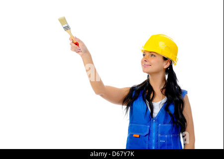 Schöne junge Frau, Reparaturen Stockfoto