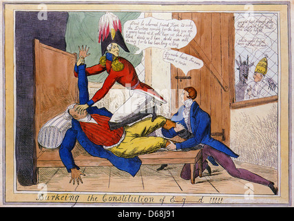 KATHOLISCHE Emanzipation Herzog von Wellington und Robert Peel Ermordung John Bull sah mit Genehmigung von Satan und Papst (siehe unten) Stockfoto