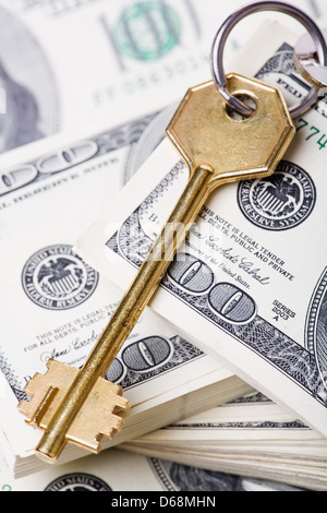 Goldener Schlüssel und Geld Stockfoto