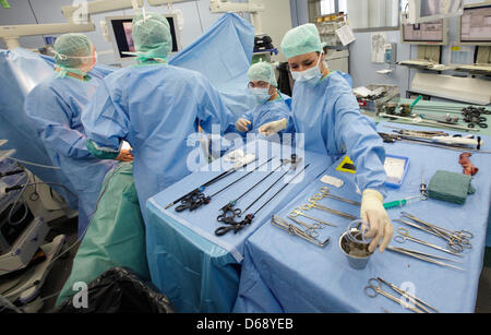 Ärzte operieren, eine laparoskopische verstellbare Magenband am University Medical Center (UKE) in Hamburg-Eppendorf, Deutschland, 24. Juli 2012 zu installieren. Adipositas-Zentrum der Universität am UKE wurde eingerichtet in der Lage, bessere Hilfe die zunehmende Zahl von Patienten mit morbider Adipositas mit einem interdisziplinären Ansatz zur Behandlung. Foto: GEORG WENDT Stockfoto