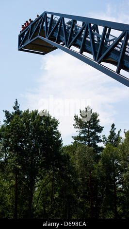 Mitarbeiter und Gäste stehen auf der Aussichtsplattform "Steinitz Treppe" (Steinitzer Treppe), die am selben Tag in der Nähe von Drebkau, Deutschland, 2. August 2012 eröffnet wurde. Die Aussichtsplattform erhebt sich über die Bäume am Rande der Tagebau Bergbau Welzow verklagt. Besucher genießen einen Panoramablick über die Lusatia Region von der Plattform. Foto: Patrick Pleul Stockfoto