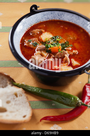 Traditionelle ungarische Rindfleisch Gulaschsuppe mit hausgemachten Weißbrot Stockfoto