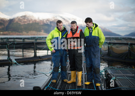 Arbeitnehmer bei der Lachsfarm im ländlichen See Stockfoto