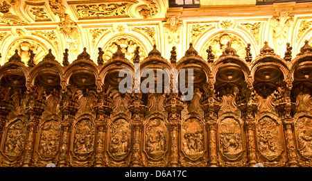 Beleuchtete Mahagoni Chorgestühl in der Kathedrale von La Mesquita Moschee Weltkulturerbe Cordoba Andalusien Andalusien Spanien Stockfoto