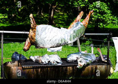 Ganze gebratene Schwein am Spieß Stockfoto