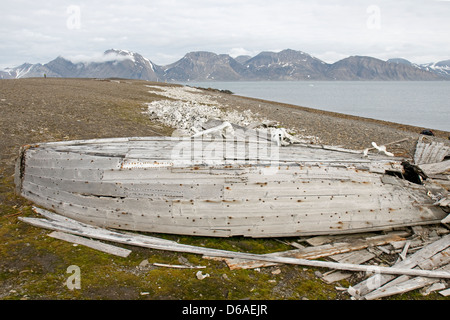 Norwegen, Spitzbergen, Spitzbergen, Van Keulenfjord, Ahlstrandodden. Hölzerne norwegische Walfänger Boot neben Hunderten Stockfoto