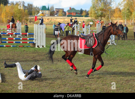 Braunes Pferd zu springen und zu demontieren sein Reiter über das Hindernis zu verweigern Stockfoto