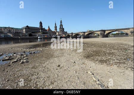 Weite Teile des Flussbettes sind trocken wegen Niedrigwasser der Elbe in Dresden, Deutschland, 20. August 2012. Foto: Matthias Hiekel Stockfoto