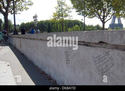 Meldungen der Trauer werden an einer Wand am Pont de Alma Tunnel geschrieben wo Prinzessin Diana bei einem Autounfall am 31. August 1997, in Paris, Frankreich, 23. August 2012 starb. Das Replikat der Flamme von der Statue of Liberty wird als Standort für die Commemration von Diana verwendet werden. Foto: Benjamin Wehrmann Stockfoto