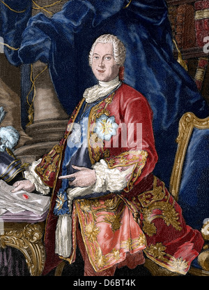 Heinrich von Brühl (1700-1763) zu zählen. Deutscher Staatsmann. Gravur der Universalgeschichte, 1885. Farbige Gravur. Stockfoto