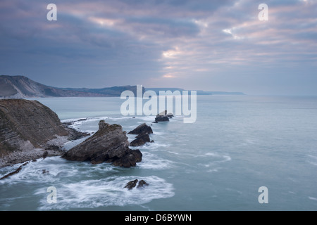 Ein dramatischer Himmel bei Sonnenaufgang über Mupe Felsen und Worbarrow Bay auf die Jura-Küste, Dorset, UK. Stockfoto