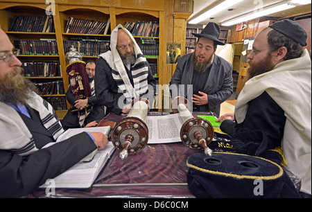 Lesen aus einer Tora-Rolle am Morgen Dienstleistungen während Pessach Lubawitsch Hauptquartier in Brooklyn, New York. Stockfoto