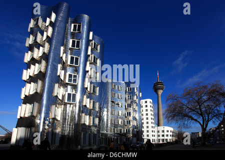 Neuer Zollhof Gebäude, Medienhafen, Düsseldorf City, Nord-Rhein-Westfalen, Deutschland, Europa. Stockfoto
