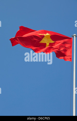 Vertikale Ansicht der Nationalflagge von Vietnam [Cờ đỏ Sao Vàng] rote Flagge mit gelben Sterne Fullmast vor einem blauen Himmel. Stockfoto