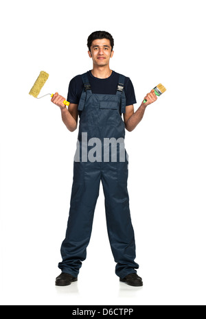 Mechaniker arabischen Nationalität in den Bau-Overalls auf weißem Hintergrund mit Reflexion Stockfoto