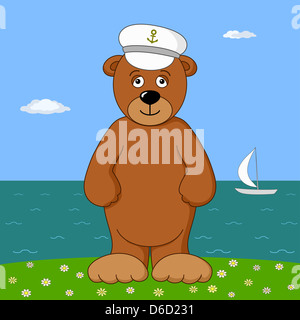 Teddybär Kapitän am Meer Stockfoto