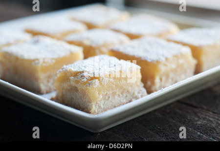 Frisch gebackene Meyer Lemon Bars mit Puderzucker Stockfoto