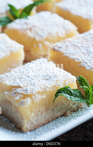 Frisch gebackene Meyer Lemon Bars mit Puderzucker Stockfoto