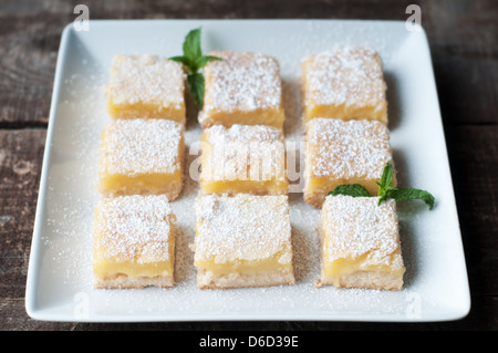 Frisch gebackene Meyer Lemon Bars mit Puderzucker Stockfoto