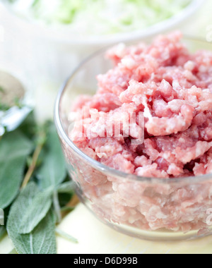 Mett mit Zutaten auf einem Holztisch Stockfoto