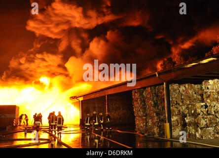 Feuerwehrleute versuchen, ein Feuer auf einem Material Recxcling Fadcility in Grambek, Deutschland, 11. September 2012 auszulöschen. Dort brach ein Feuer in der Nacht vom 11. zum 12. September 2012. Ein Sprecher der Feuerwehr Abteilung sagte, dass das Feuer eine Fläche gleich ein Fußballfeld bedeckt. Die Ursache des Feuers ist derzeit unbekannt. Foto: Christian Nimtz Stockfoto