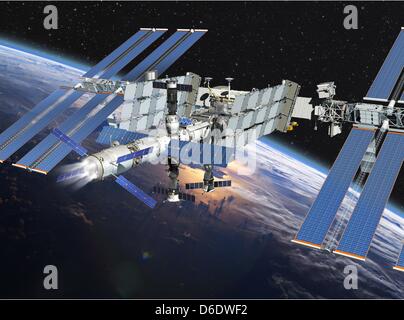 (HANDOUT) Ein undatiertes Handout zeigt einen angedockten automatisierte Übertragung Fahrzeug (ATV) auf der internationalen Raumstation (ISS) mit einem beleuchteten Motor. Die ISS ist auf 424 Kilometer von der Erde mit Hilfe von europäischen ATV-3 "Edoardo Amaldi" gestiegen. Das Manöver war notwendig, bessere Bedingungen für die nächsten Andocken mit der Sojus-Raumkapsel zu erreichen. Foto: ESA - D. Duc Stockfoto