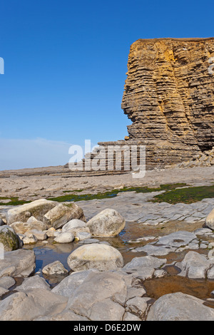 Die Kalksteinfelsen an Nash Punkt in South Wales mit Fels-Pools bei Ebbe. Stockfoto