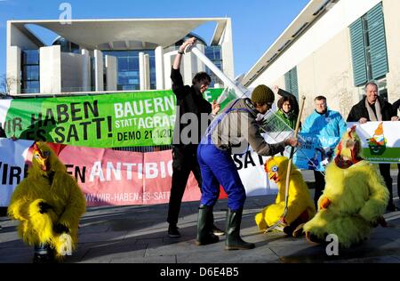 Aktivisten aus der Liga "Meine Landwirtschaft" (My Landnutzungskarten) protestieren gegen die Einführung von Antibiotika in der Fabrik werd vor dem Bundeskanzleramt in Berlin, Deutschland, 18. Januar 2012. "Hühner" demonstrierte mit Zeichen und die Demonstration am 21. Januar 2012 in Berlin zu werben. Foto: Maurizio Gambarini Stockfoto