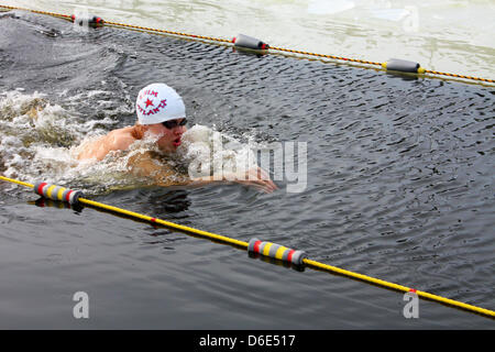 (Dpa-Datei) - ein Datei-Bild vom 22. Februar 2009 zeigt einen Schwimmer in einem Eis-schwimmen-Wettbewerb in Jurmala, Lettland. 1 035 Schwimmer aus 26 Ländern auf 19. Januar 2012 auf dem Badeort Jurmala zur Teilnahme an der Ice Swimming World Championships zwischen der 20. und 22. Januar 2012 sammeln wollen. Foto: Aleksandr Jakowlew Stockfoto