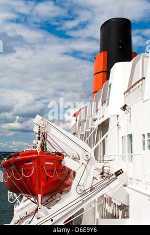 Rettungsboote an Davits gehängt. CUNARD Schiff QE2 Stockfoto