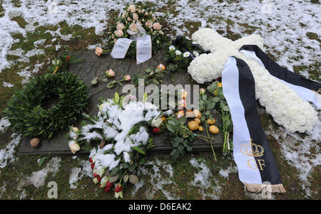 Blumen, Kränze und Kartoffeln liegen auf dem Grab von Friedrich dem großen, während die Erinnerung an den 300. Geburtstag von Frederick II von Park Sanssouci in Potsdam, Deutschland, 24. Januar 2012. Der preußische König starb am 17. August 1786 in Potsdam und wurde begraben auf der Terrasse von Schloss Sanssouci. Foto: BERND SETTNIK Stockfoto