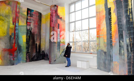 Ein Besucher schaut die Abschluss-Arbeit des Künstlers Peter Schreyer, ein Gemälde mit dem Titel "Haeuserzeilen" ("Reihen von Häusern"), in der Kunstakademie in München, 1. Februar 2012. Absolventen der Akademie der bildenden Künste München stellen ihre Abschlussarbeiten an der Kunstakademie in München von 01 bis 04 Februar. Foto: RAHELEH SHAHIDI Stockfoto