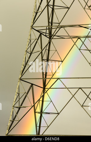 Ein Regenbogen über Pylonen Kernkraftwerk Wylfa auf Anglesey, Wales, UK verlassen. Stockfoto