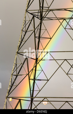 Ein Regenbogen über Pylonen Kernkraftwerk Wylfa auf Anglesey, Wales, UK verlassen. Stockfoto