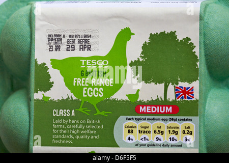 Karton von tesco 6 Britische Freilandhaltung von Legehennen auf britische Farmen sorgfältig für ihre hohe Standards in den Bereichen Qualität und Frische ausgewählte festgelegt Stockfoto