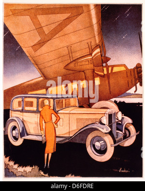 Frau stand neben Auto und Flugzeug, Hillman Assistenten Kfz Werbung, 1931 Stockfoto