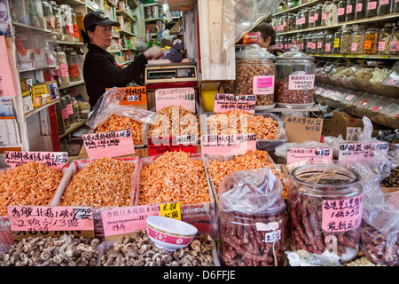 Seltsame Nahrungsmittel auf dem Display, Mott Street, Chinatown, New York City Stockfoto