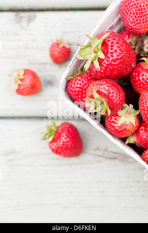 Ein Karton voller Reife rote Erdbeeren, auf eine leicht verwitterte Holzbank Stockfoto