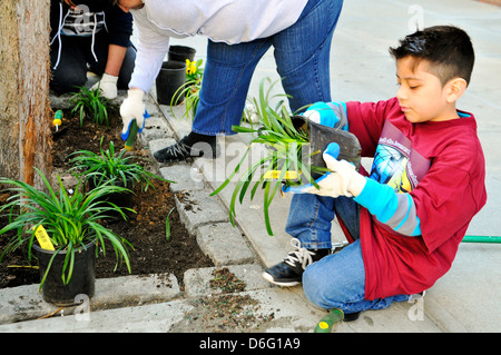 Teenager Freiwillige im Straßengarten in Harlem, New York City, Stockfoto