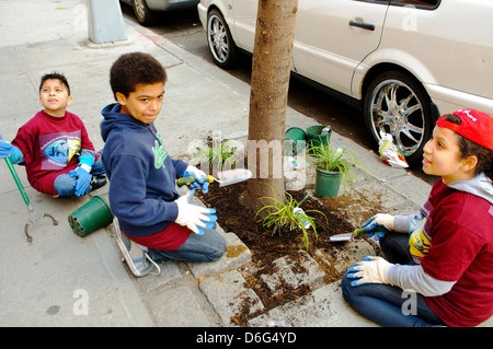 Teenager Freiwillige im Straßengarten in Harlem, New York City, Stockfoto