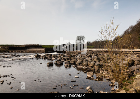 Fluss Durchflussmessung Wehr auf dem River Tees in der Nähe von Darlington während einer Sommerdürre. Darlington, County Durham, Großbritannien Stockfoto