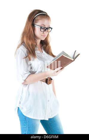 Rothaarige Geschäftsfrau mit Notepad. Isoliert auf weißem Hintergrund. Stockfoto