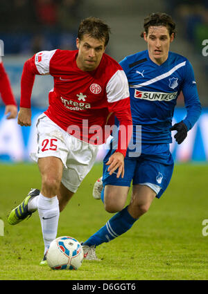 Hoffenheim Sebastian Rudy (R) und der Mainzer Andreas Ivanschitz wetteifern um den Ball beim Bundesligaspiel TSG 1899 Hoffenheim vs. 1. FSV Mainz 05 im Rhein-Neckar-Arena in Sinsheim, Deutschland, 17. Februar 2012. Foto: Uwe Anspach Stockfoto