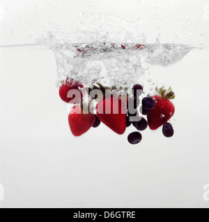 Erdbeeren und Heidelbeeren in Wasser plantschen Stockfoto