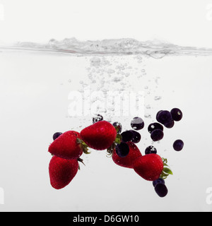 Erdbeeren und Heidelbeeren in Wasser plantschen Stockfoto