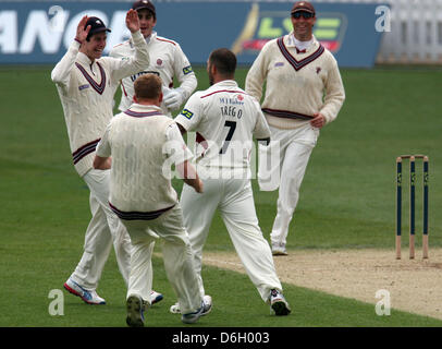 London, UK. 18. April 2013.  Peter Trego von Somerset CCC feiert das Wicket Graeme Smith Surrey CCCduring LV County Championship Division 1 Spiel zwischen Surrey und Somerset aus dem Oval. Stockfoto